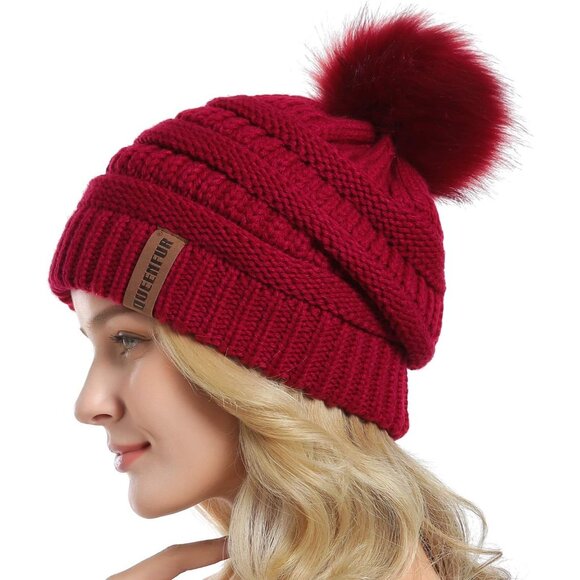 Women Red Soft Acrylic Thick Slouchy Baggy Knit Winter Faux Fur Pompom Beanie - Picture 3 of 6